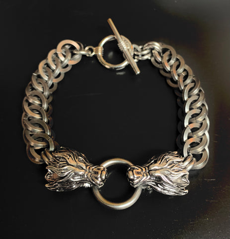Stainless steel chainmail wolf head bracelet