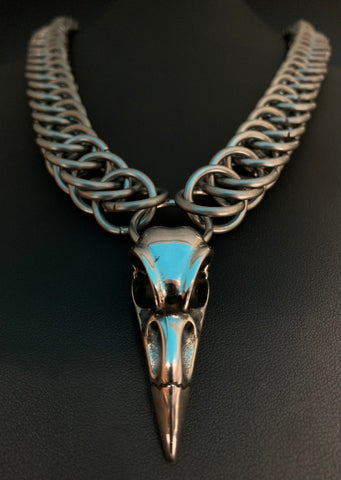 Stainless steel raven skull necklace