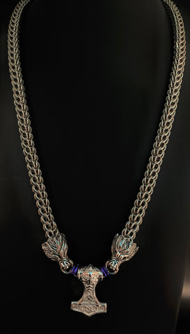 Stainless steel chainmail necklace with Mjolnir