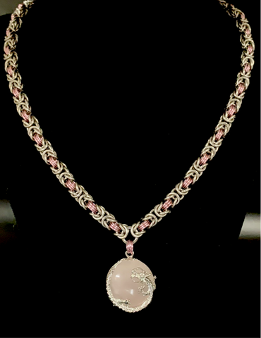 Rose quartz pendant on chainmail necklace